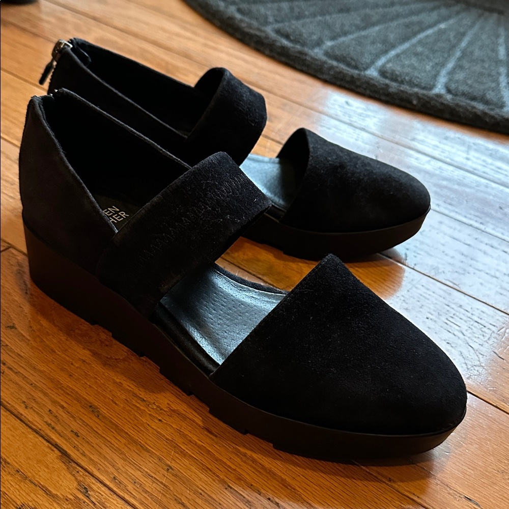 Eileen Fisher Marlowe Black Suede Mary Jane Chunky Platform Wedge Shoes 7